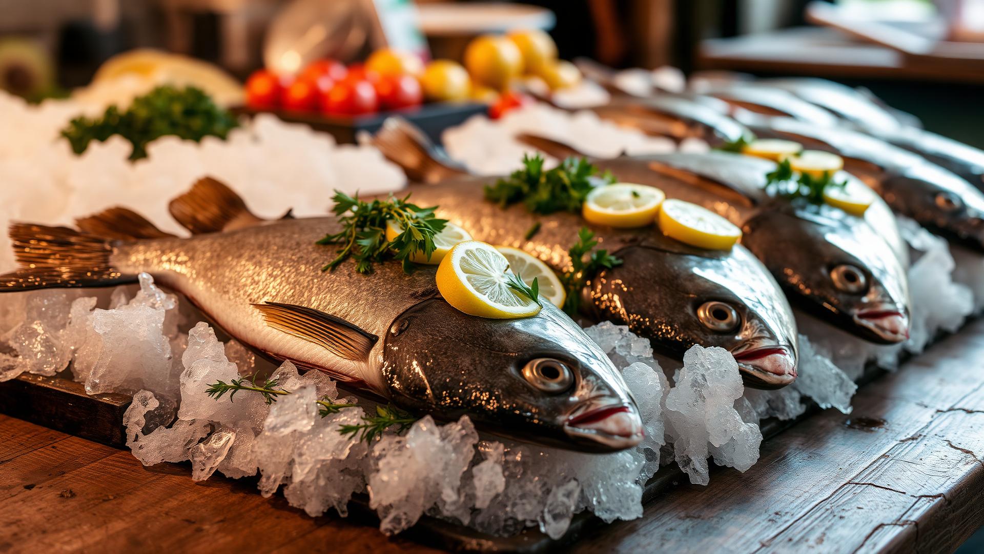 Poissons frais sur glace avec herbes et citron